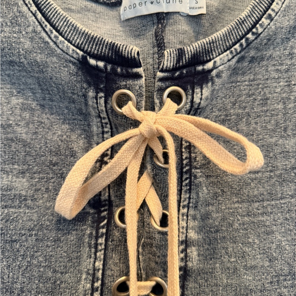 Cute & Comfy Denim Print Lace-Up Tshirt Dress with Cream Laces